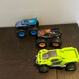 3 hot wheel cars/monster trucks